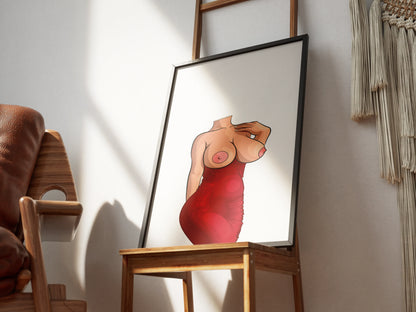 Elegant digital art of a woman in a form-fitting red dress, titled Dress 4, featuring bold curves and refined details, representing baked art style.