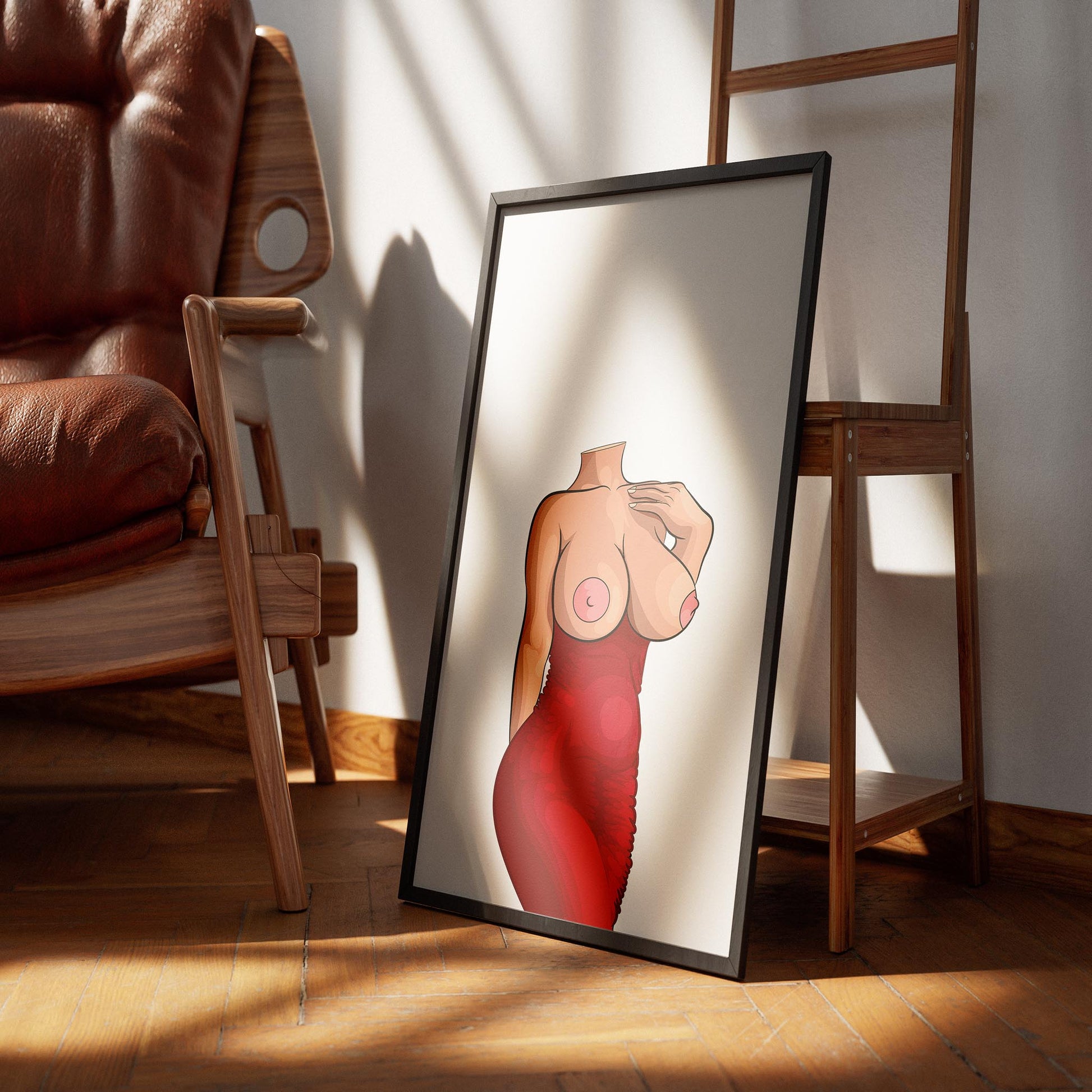 Digital art of form-fitting red dress with bold curves, showcasing baked art design in elegant frame.