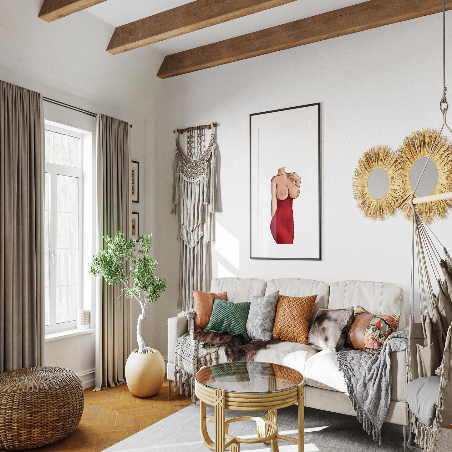 Living room with framed artwork of a red dress on the wall, featuring baked art elements.