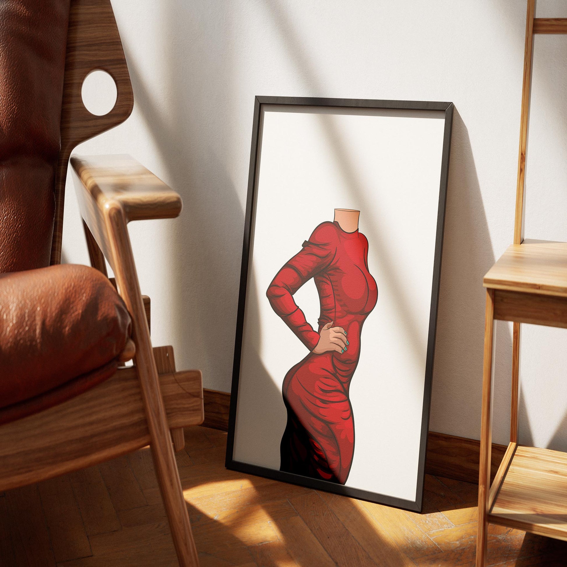 Off-shoulder red dress illustration in frame, showcasing bold digital art design, perfect for art lovers and decor.