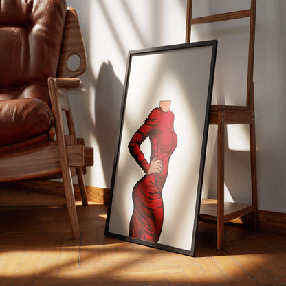 Off-shoulder red dress illustration, Baked Art, elegant wall decor.