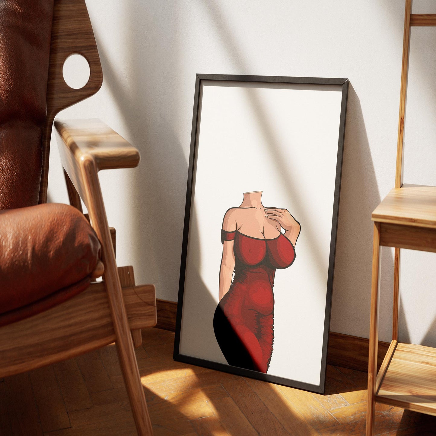 Digital art of a red dress in a framed print, showcasing elegance; perfect for decor or inspiration.