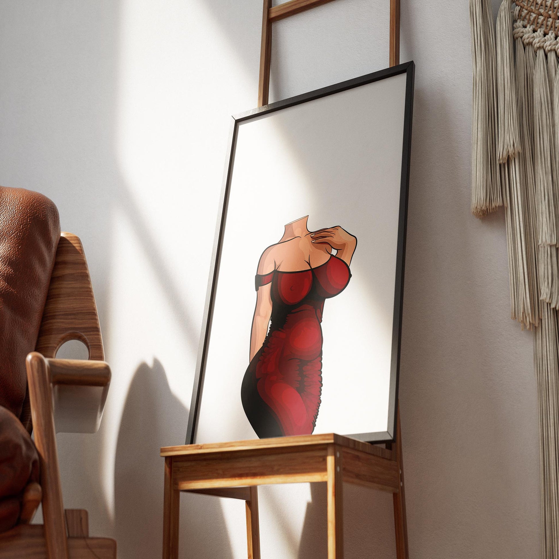 Digital artwork of a red gown titled 'Baked Art - Dress 7' displayed in a modern room.