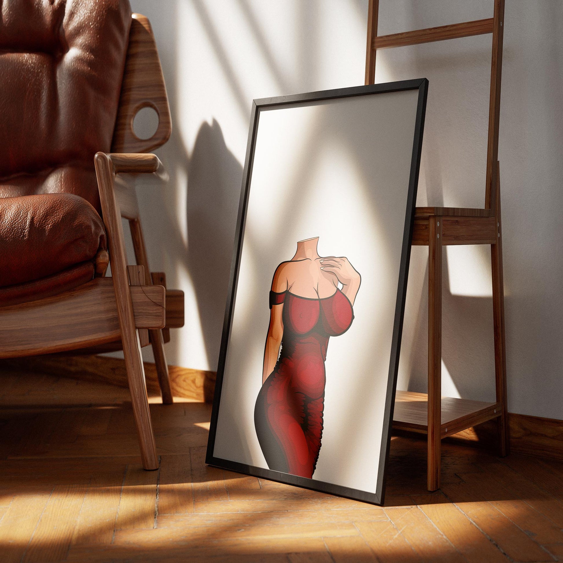 Digitalized red dress art framed on wooden floor, titled "Dress 7 - Baked Art".