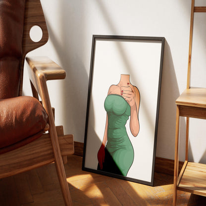 Digital artwork of an elegant green dress with intricate shading, titled "Timeless Green Charm," displayed in a modern home setting.