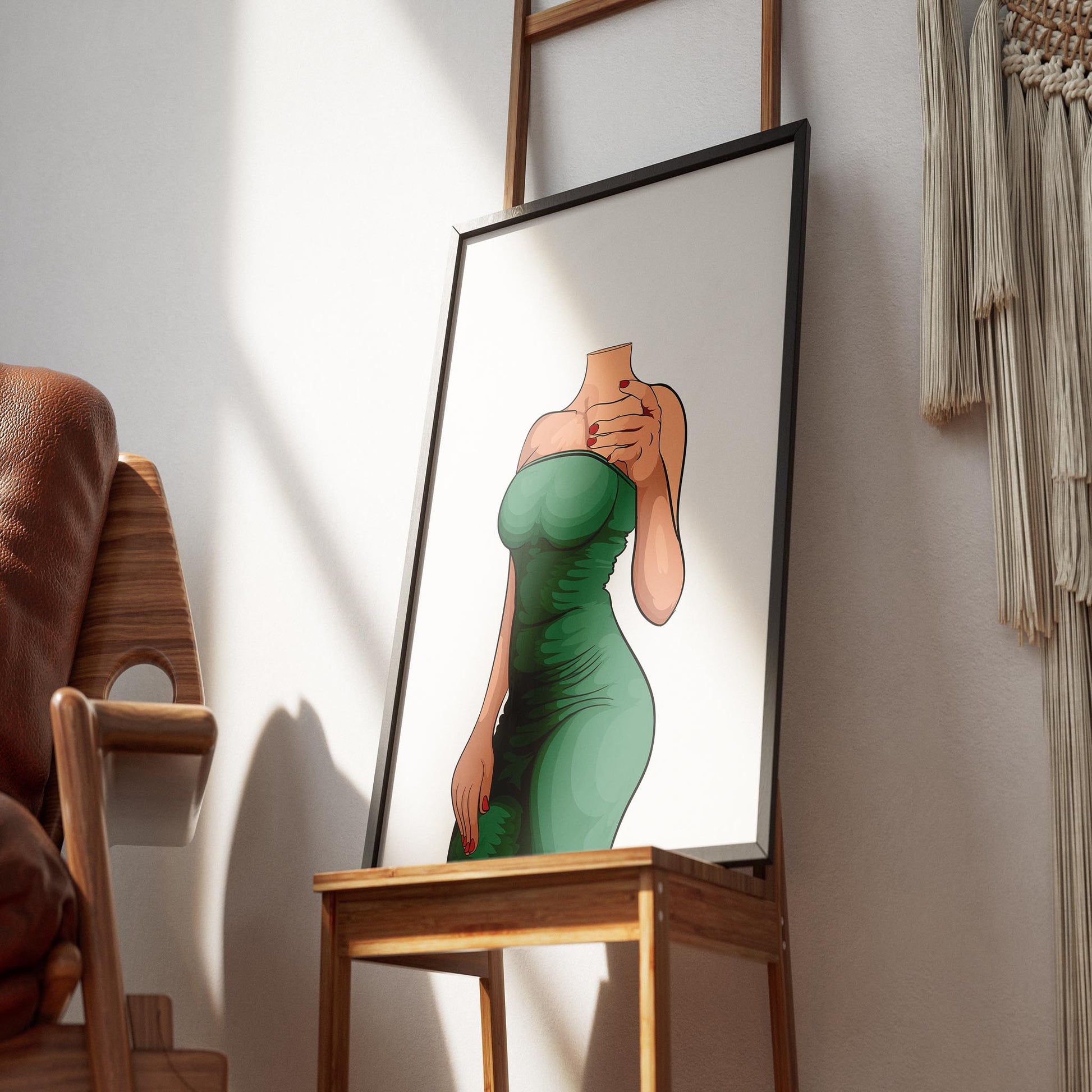 Digital artwork of an elegant green dress, highlighting luxurious folds, perfect for adding sophistication to any space.