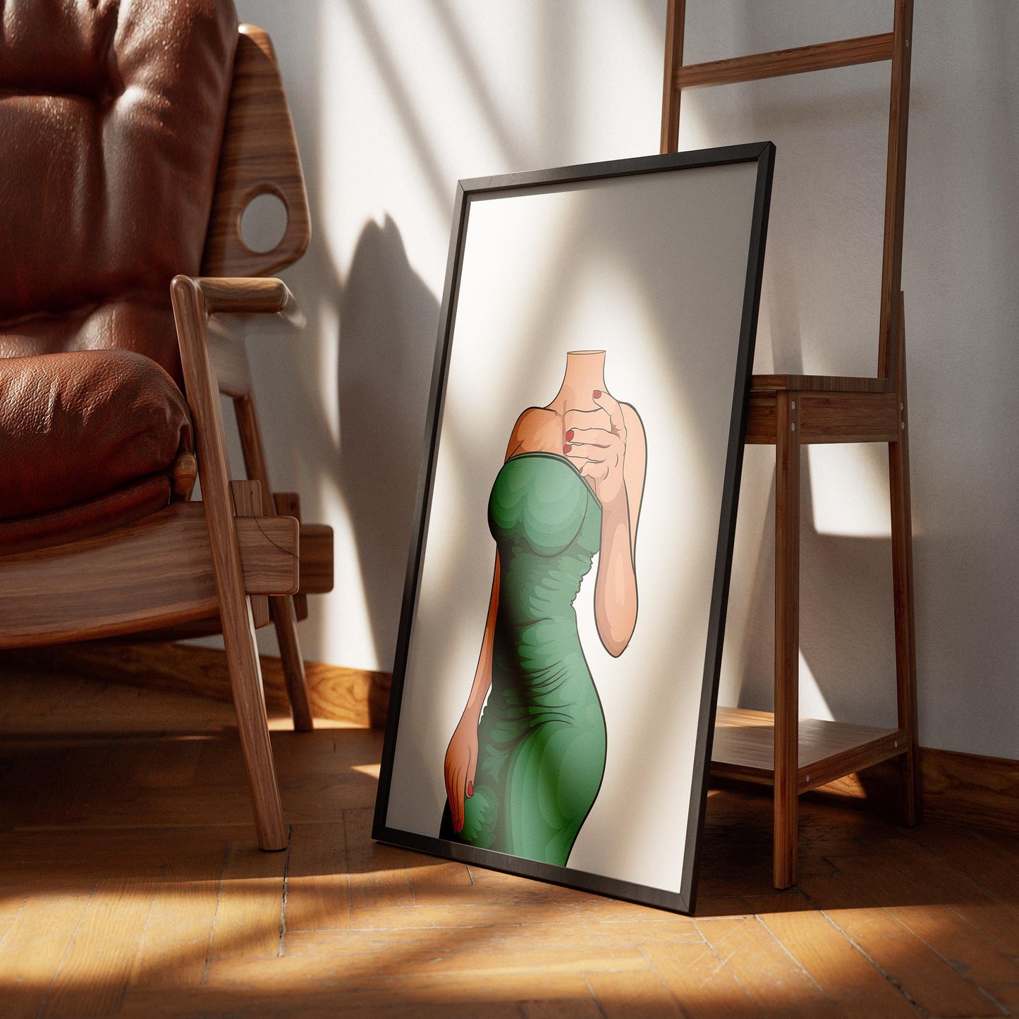 Digital art print featuring an elegant green dress, highlighting luxurious folds and contours, titled "Timeless Green Charm."