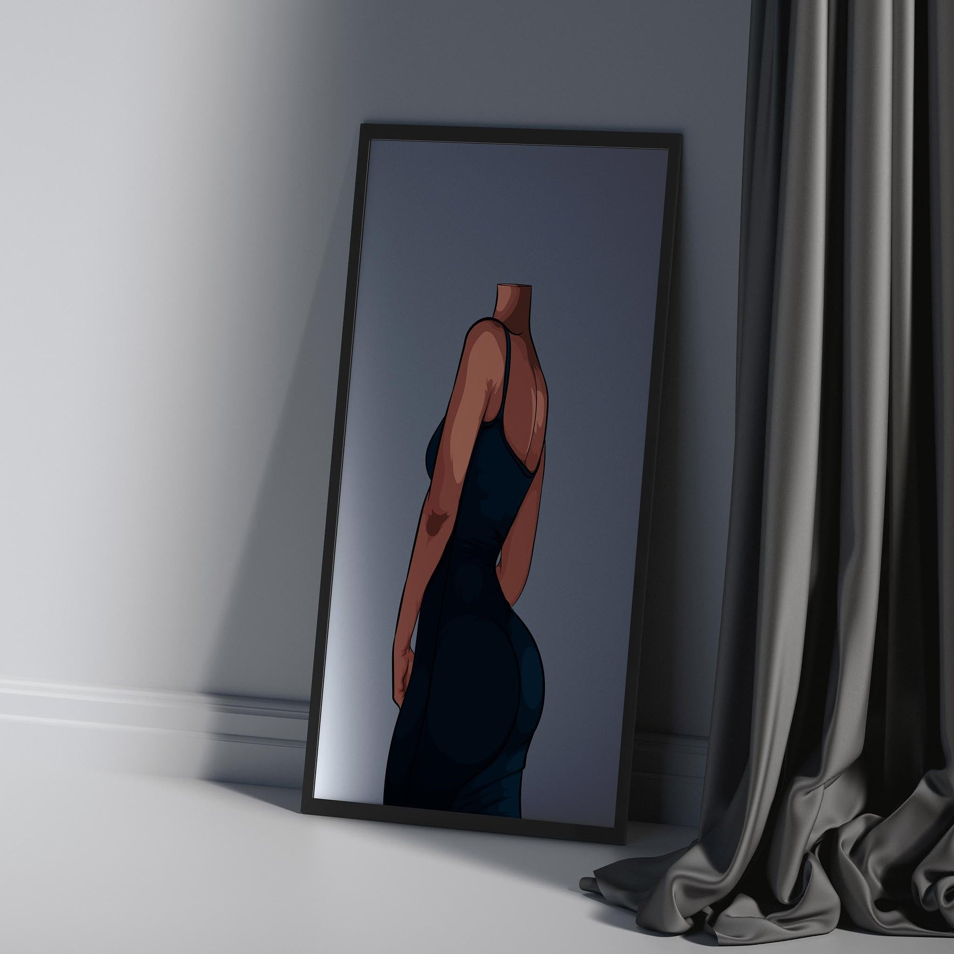 Digital artwork featuring a deep blue dress with elegant shading and details, titled "Dress 9 - Baked Art".