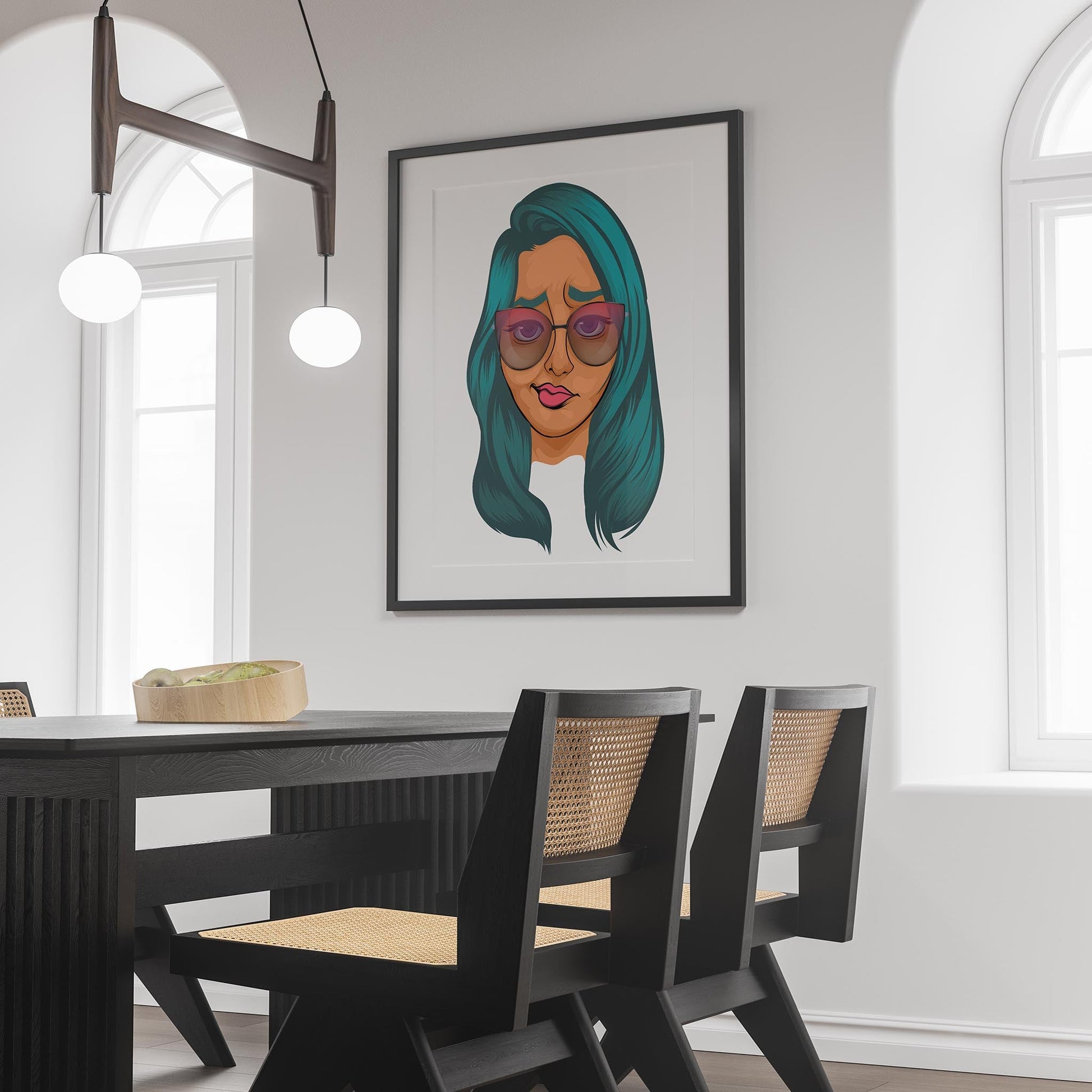 Framed artwork featuring a digitalized character with green hair and sunglasses, displayed in a modern room.