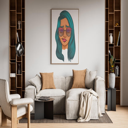 Digital art print depicting a stylized human face on wall above a modern sofa, titled "Character & Human Faces Model 10 - Digitalized Arts Baked Art".