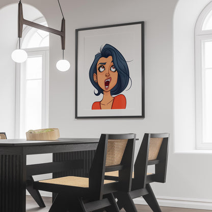 Digital art of blue-haired character in modern dining room, Baked Art - Character & Human Faces Model 1.