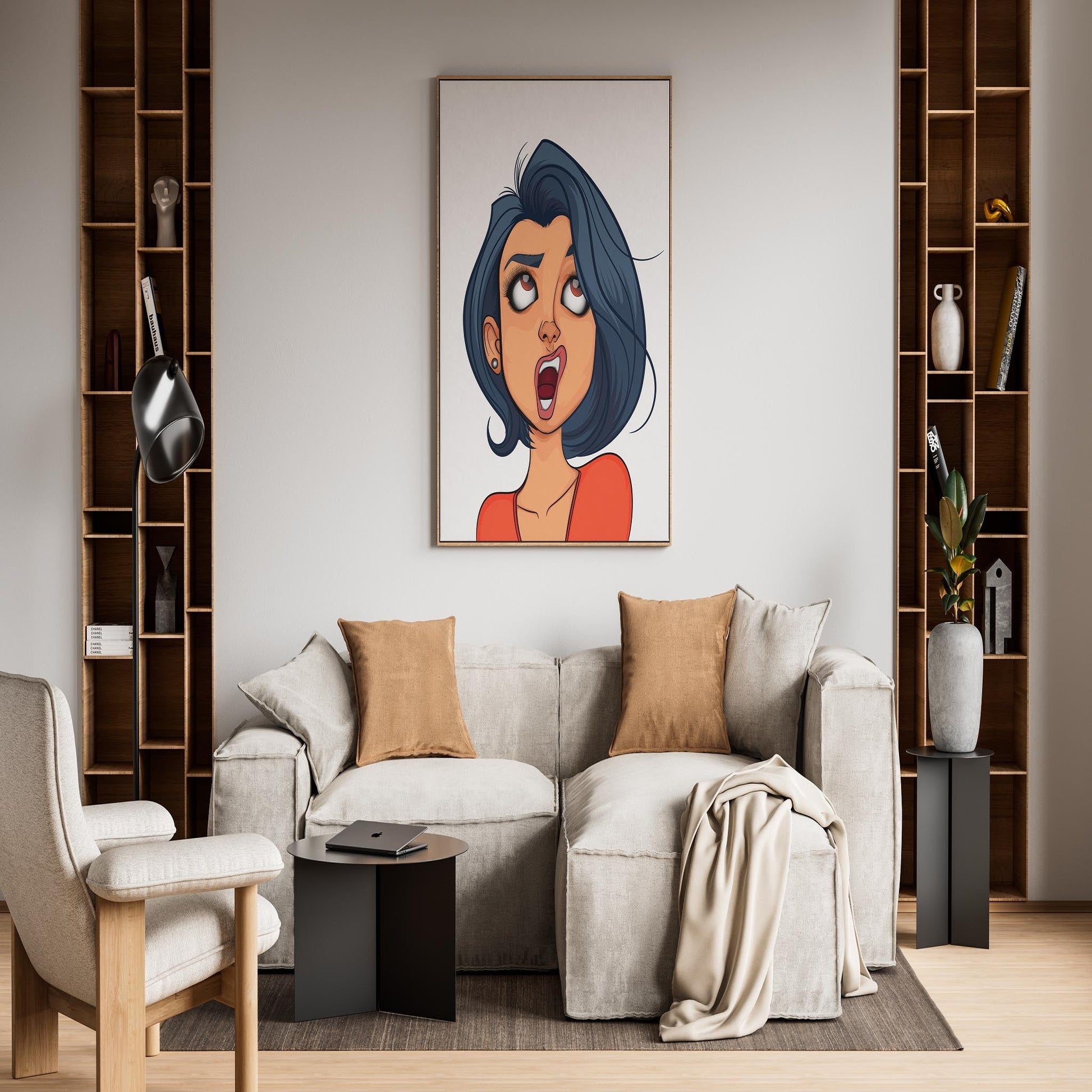 Digital artwork of a character in a modern living room setting, Baked Art - Character & Human Faces Model 1.