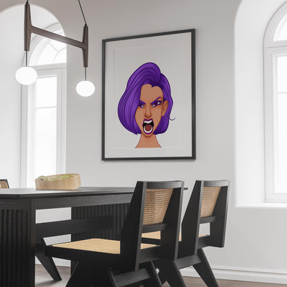 Dynamic digital art portrait with bold character design, featuring striking purple hair and fierce expression, perfect for comics and creative projects.