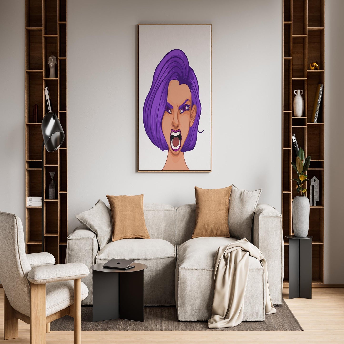 Digital art portrait with purple-haired character exuding fierce expression, displayed in modern living room.