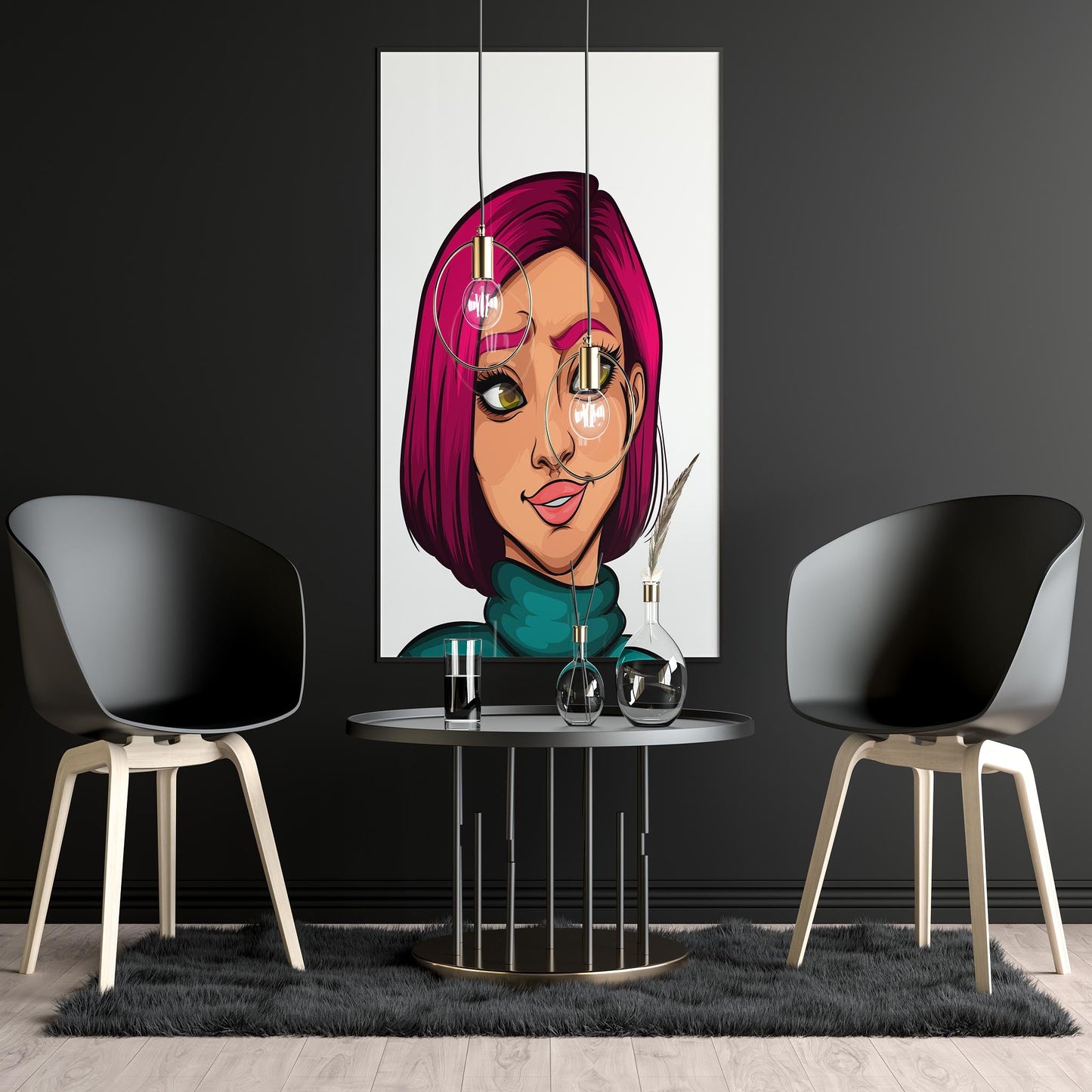 Digital artwork of a character with pink hair displayed in a chic modern room.