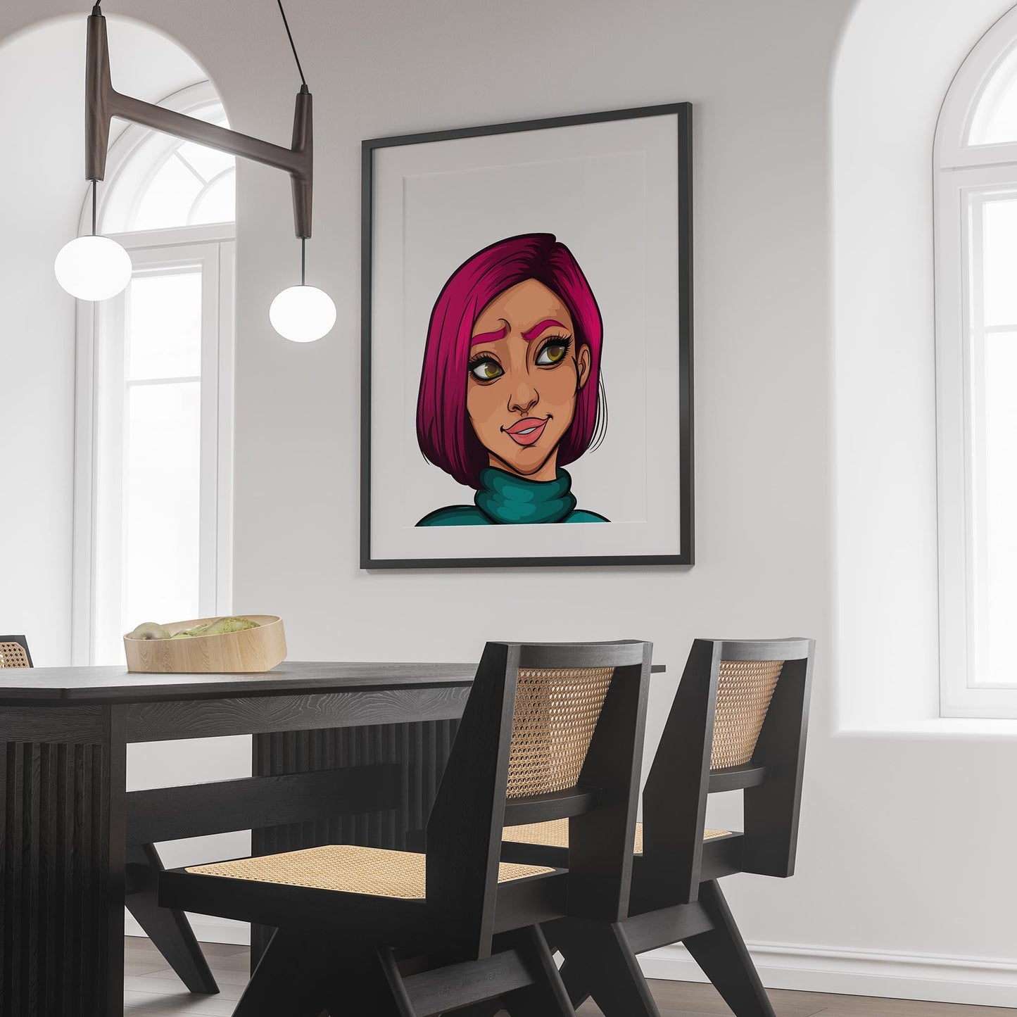 Digital artwork of a character with purple hair in a modern dining room setting.