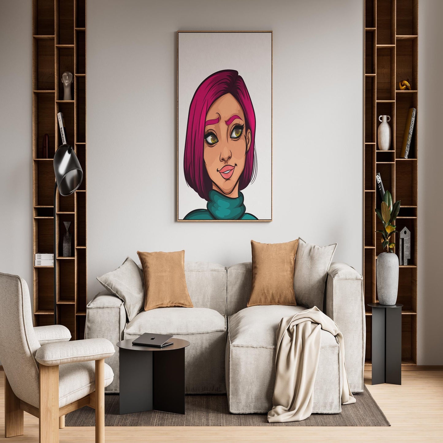 Digitalized arts wall decor featuring a character with vibrant pink hair, displayed in a modern living room.