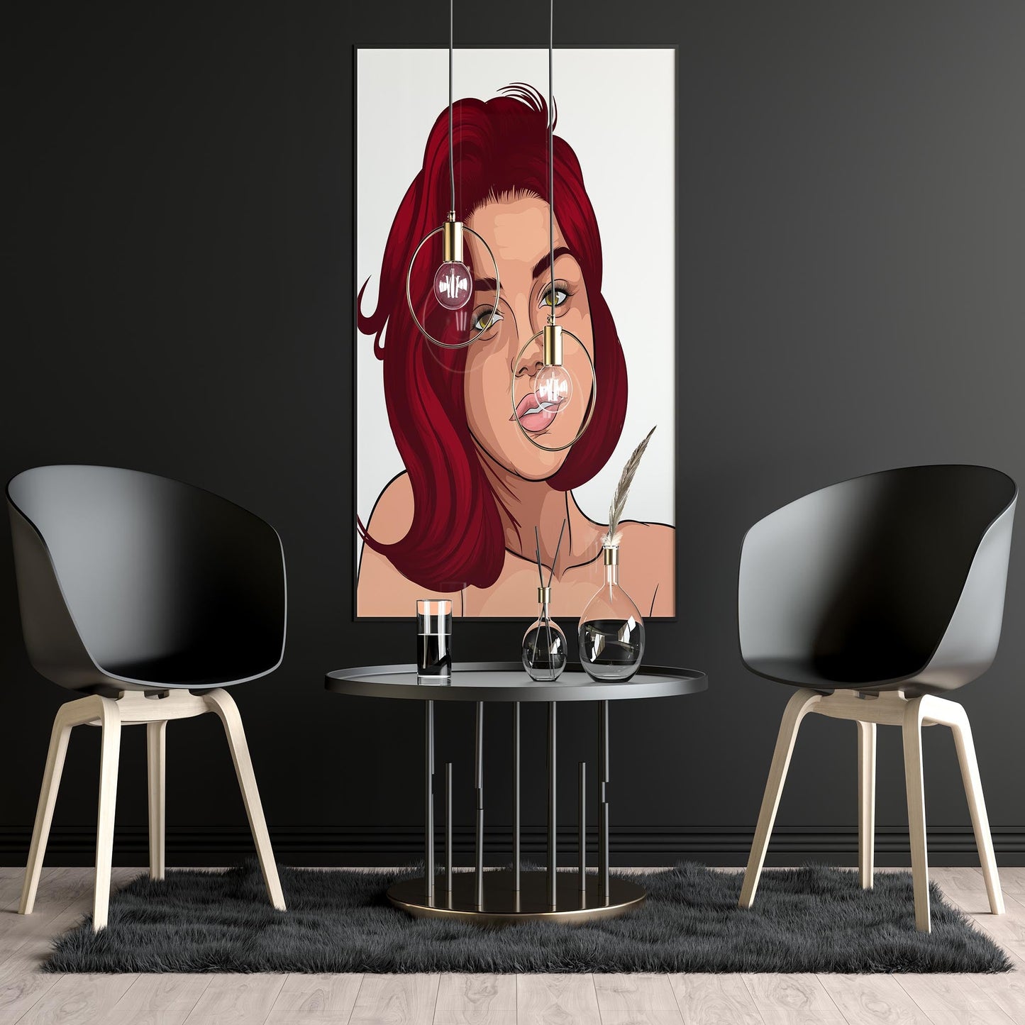 Digital art piece showcasing a stylized character face with vivid colors and dynamic features on a modern indoor wall.