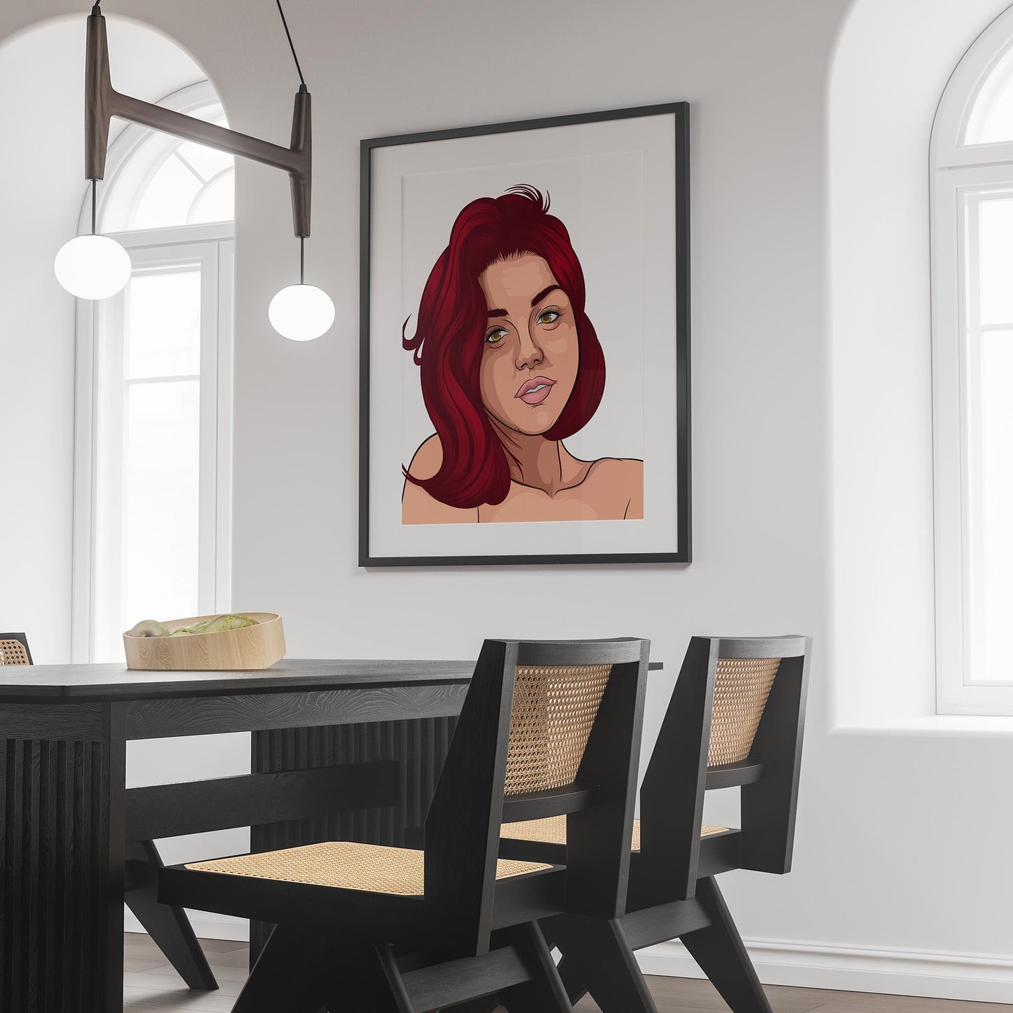 Digital art of stylized human face in dining room setting.