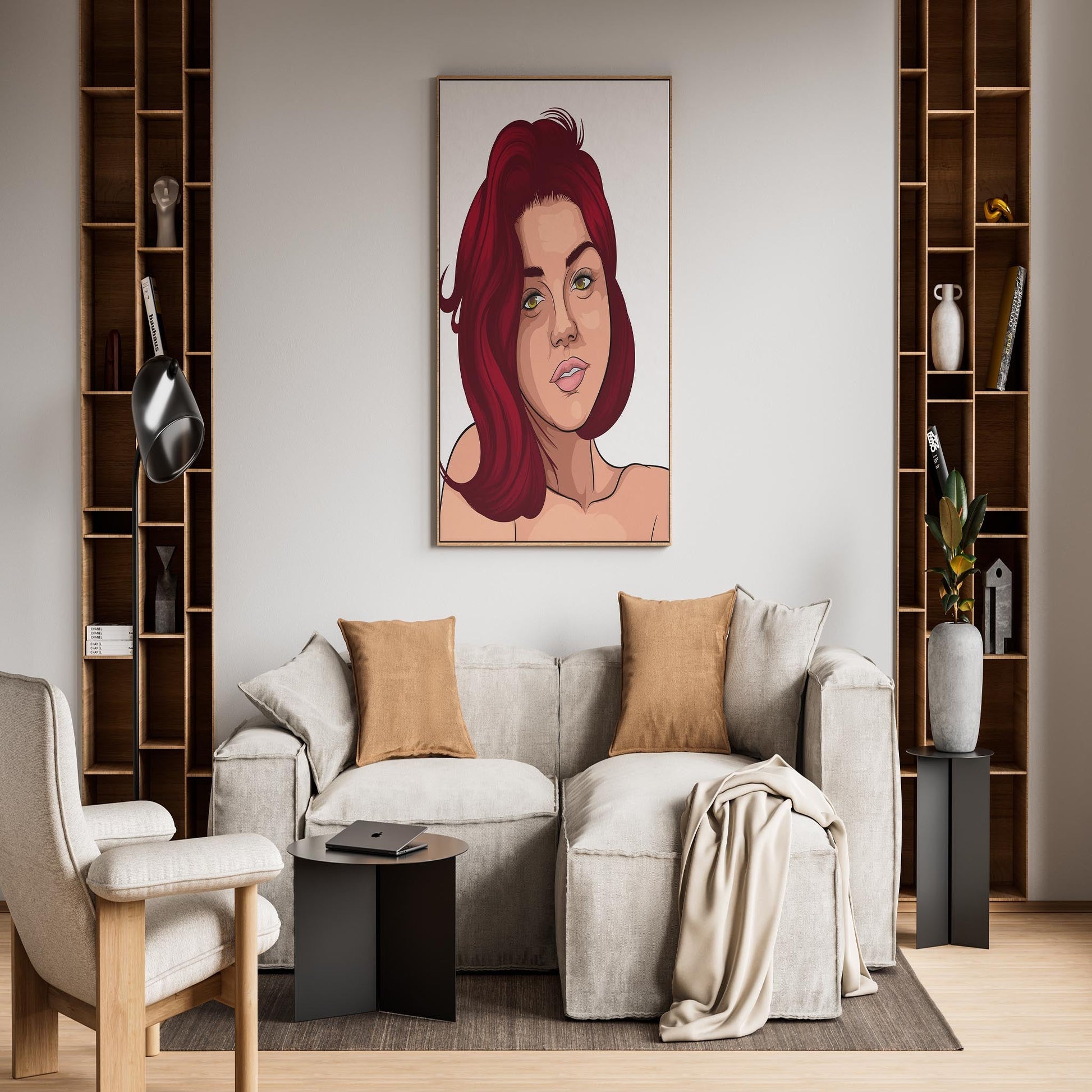 Stylized digital art of a character's face with red hair, displayed in a cozy living room setting.