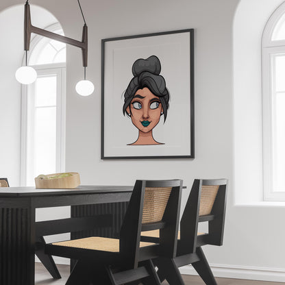 Digital art of stylized human face displayed in modern room.