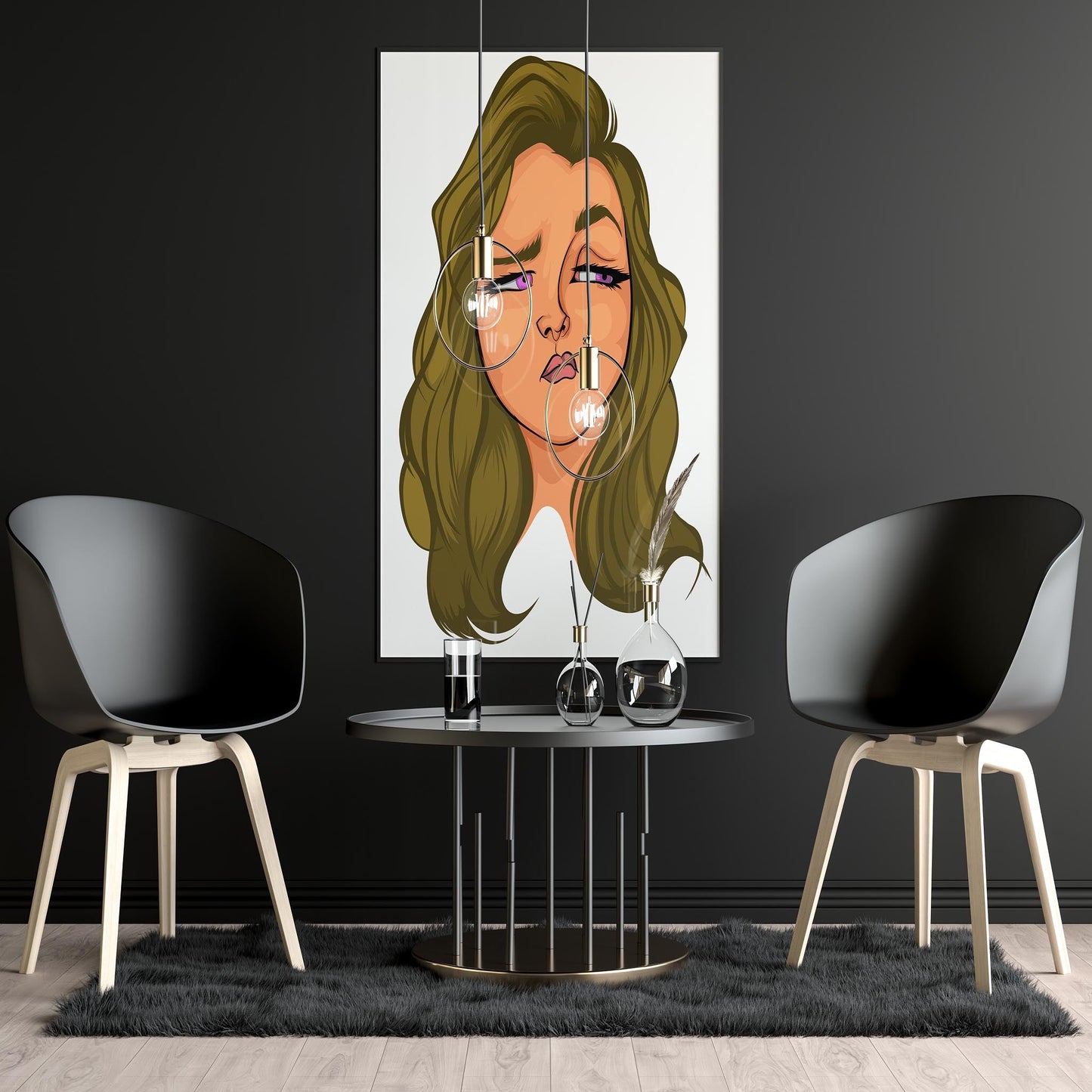 Digital art of a human face on a modern interior wall.