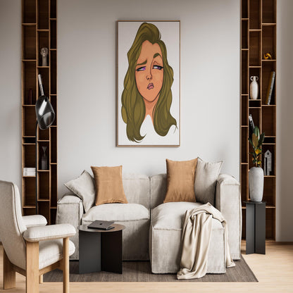 Digital artwork of a human face model displayed above a sofa in a modern living room setting.