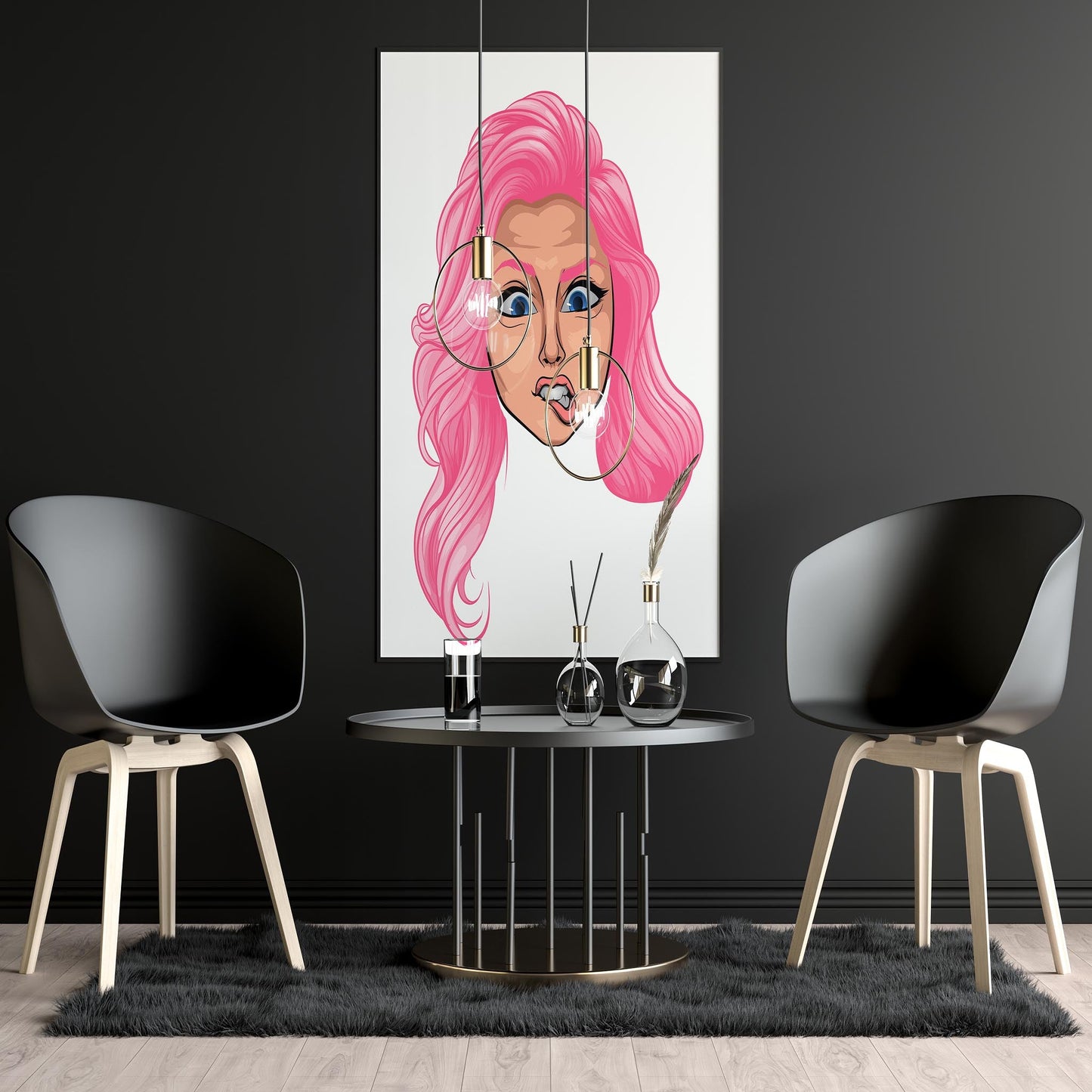 Baked Art - Character & Human Faces Model 9, vibrant artwork with pink-haired face on wall, modern interior setting.