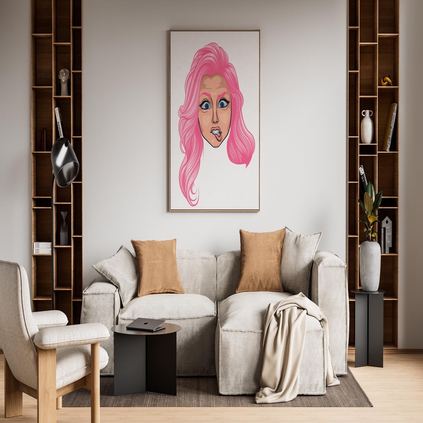 Digital art portrait with pink-haired character in modern living room setting.