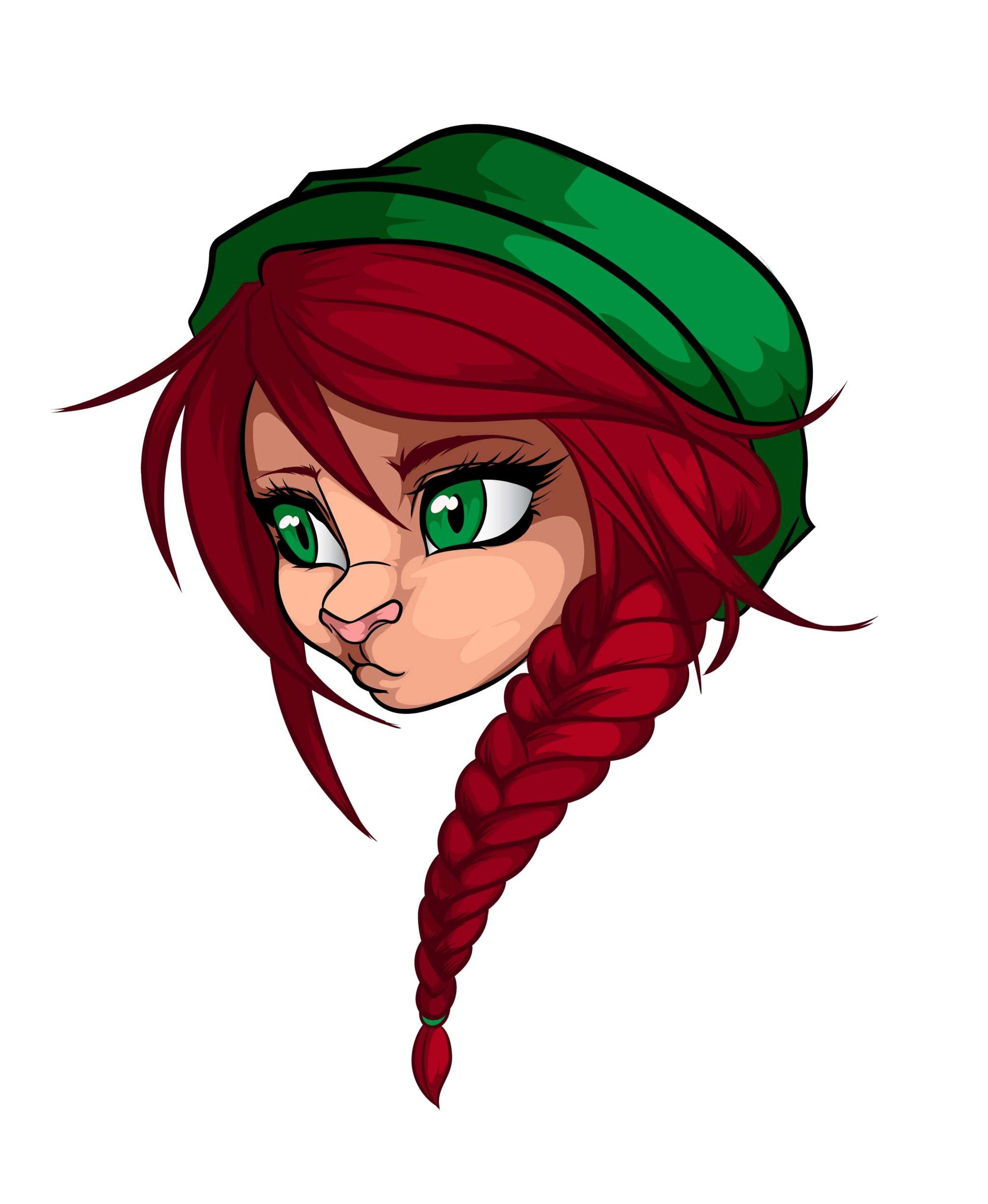 Furry character with red braided hair and green eyes, digital art.