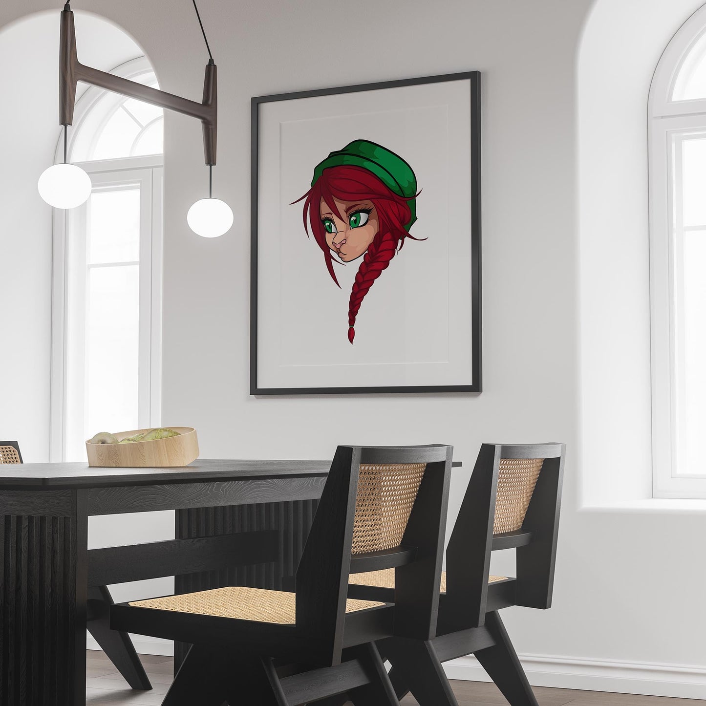 Furry character art with red braided hair and green eyes in modern living room.