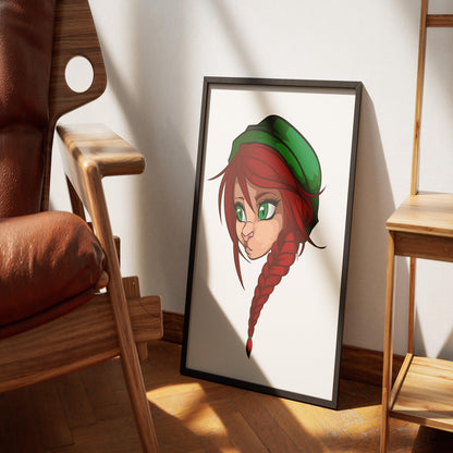 Framed digital illustration of a furry character with red braided hair and green eyes, leaning against a wall.