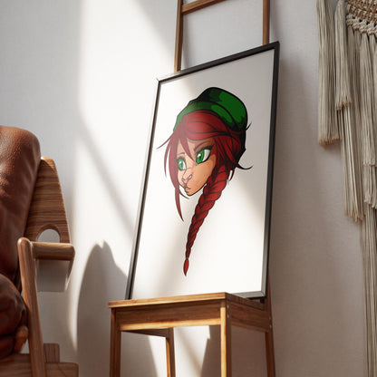 Framed digital art of furry character with red braided hair and green eyes.