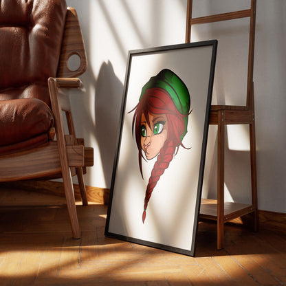 Digital illustration of furry character with red braided hair and green eyes framed on wooden floor.