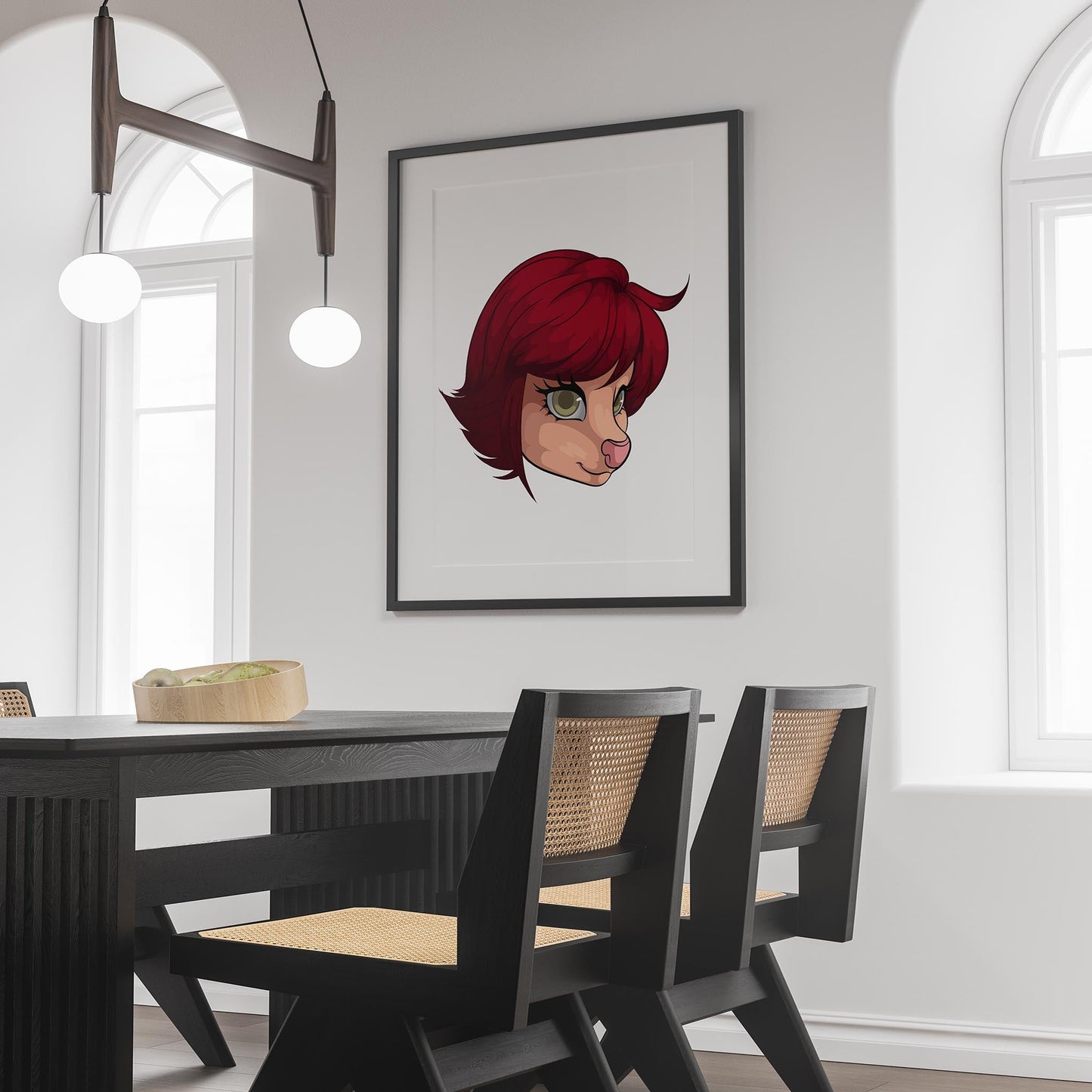 Digital furry character illustration with short red hair in a modern room setting.