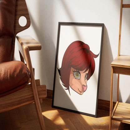 Digital furry character illustration with short red hair, displayed in a modern frame.