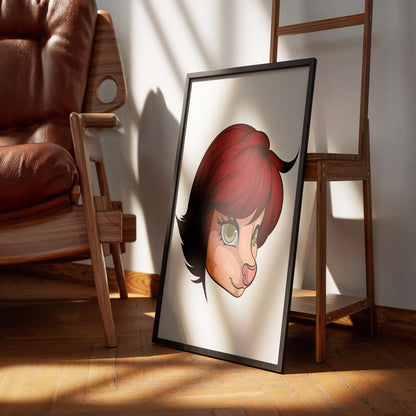 digital furry character illustration with red hair in a frame on wooden floor