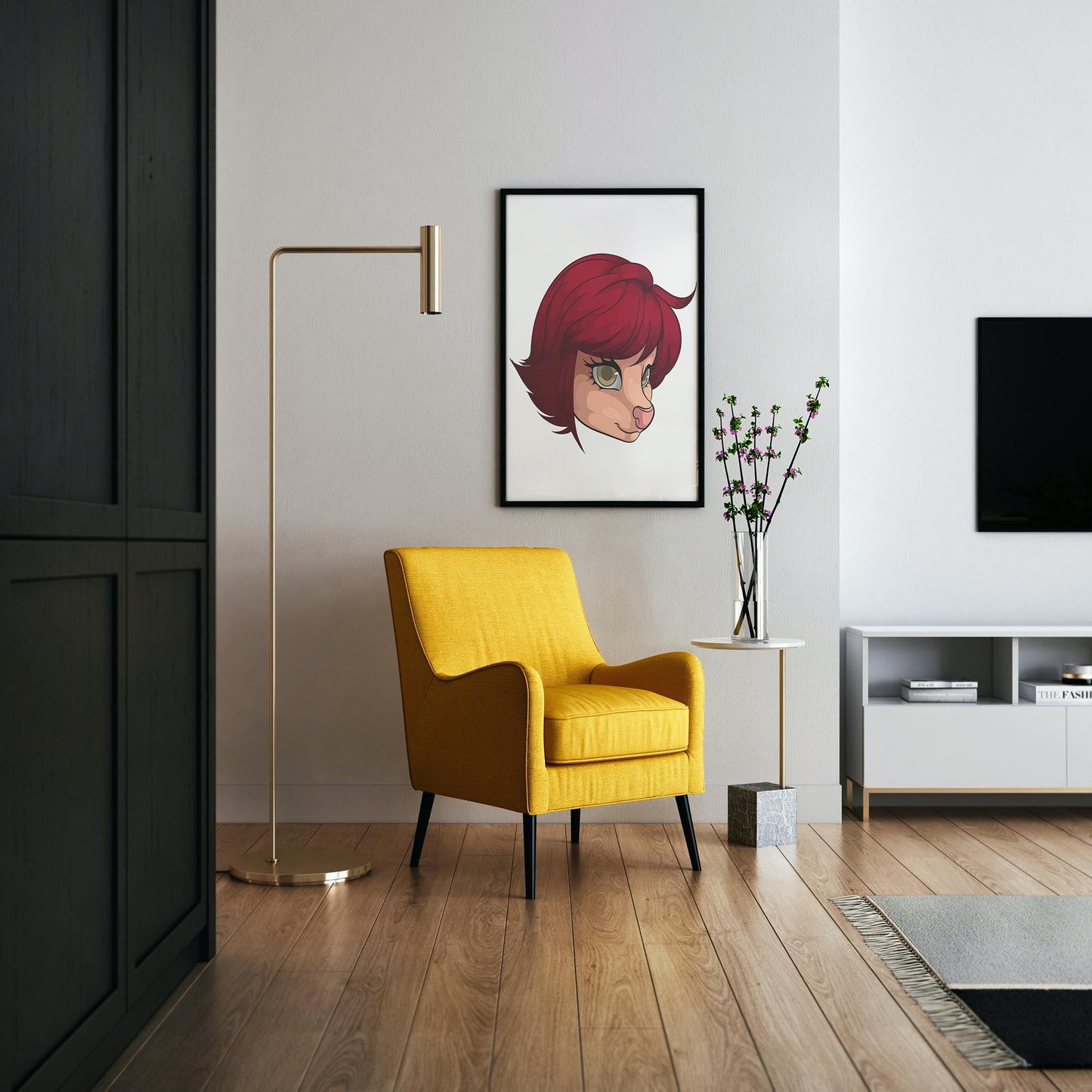 Digital furry character illustration with red hair in modern living room setting.