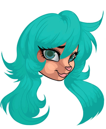 Furry character illustration with flowing teal hair and expressive eyes.