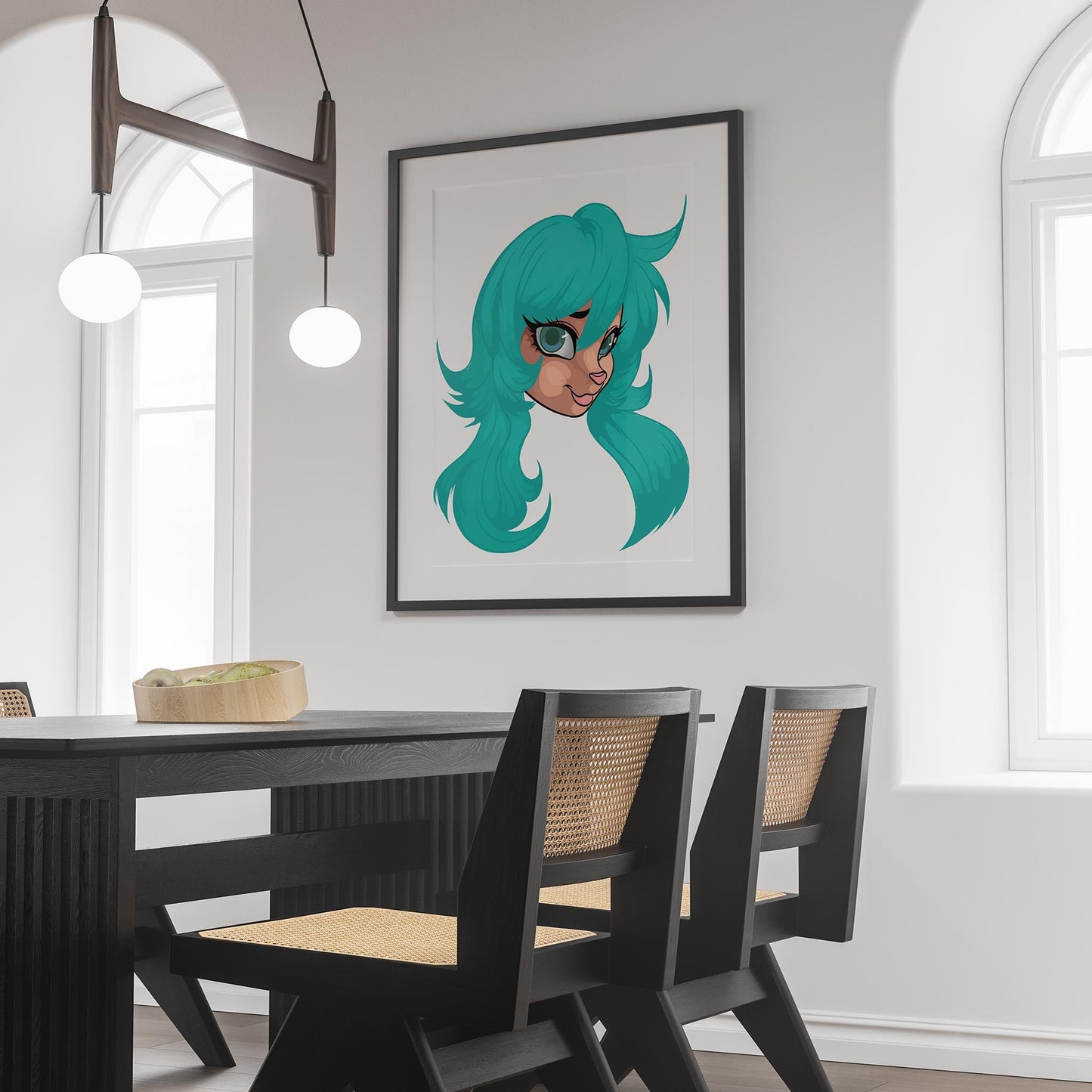 Furry character art with teal hair and expressive eyes in a modern dining room setting.