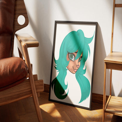 Furry art print featuring character with teal hair and expressive eyes, digitalized arts.