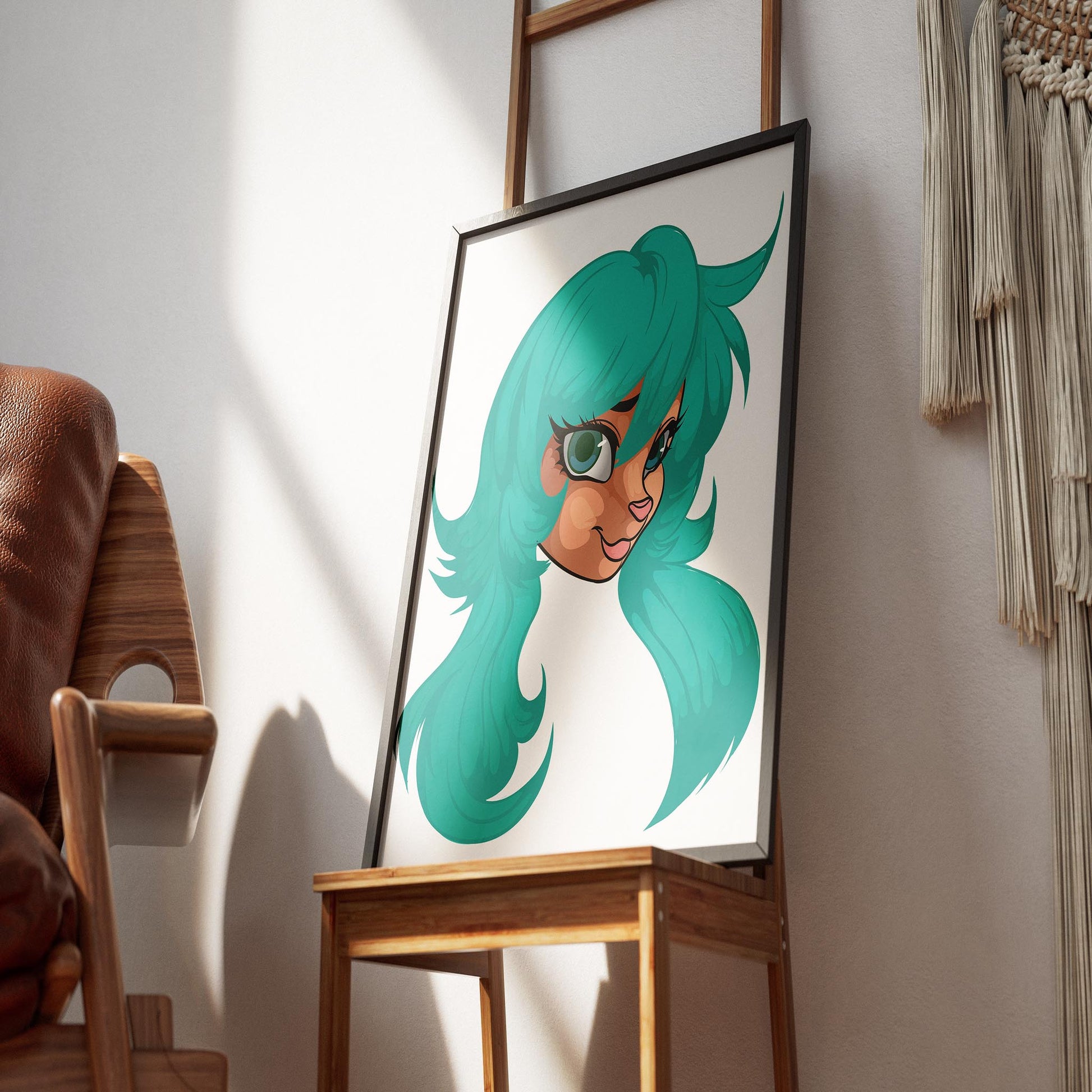 Furry character art with flowing teal hair and expressive eyes in a framed digital illustration, titled Furries Model 24.