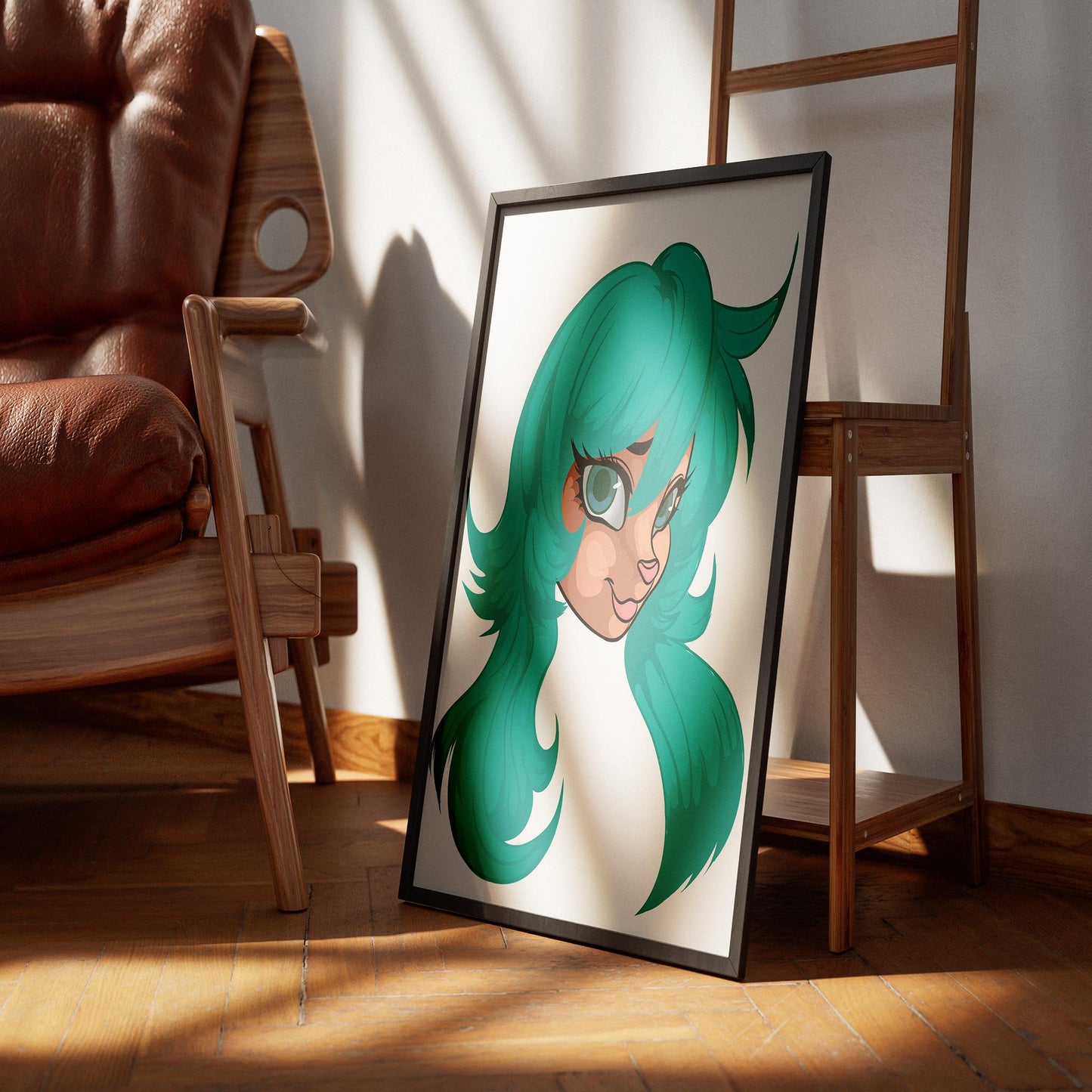 Furry character art print with teal hair, expressive eyes; digital illustration on a wooden floor, framed for display.