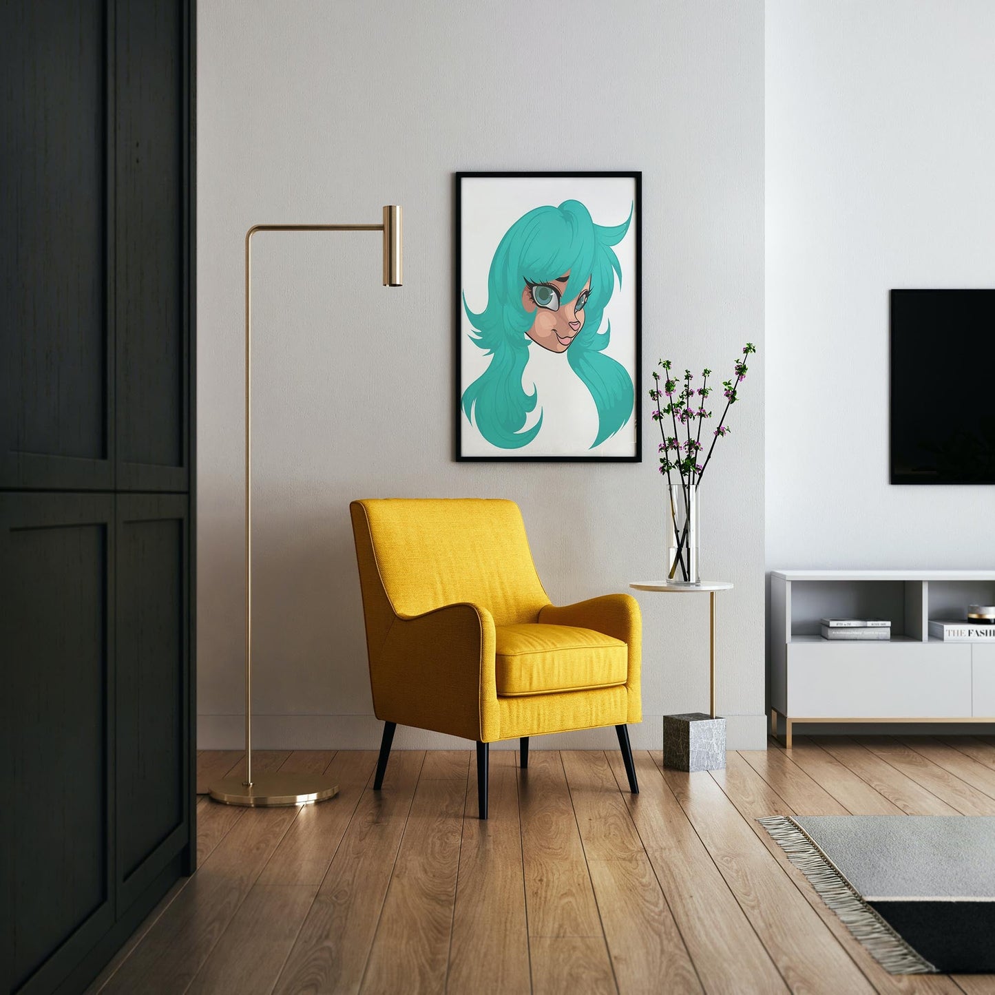 Furry character art with teal hair, framed and displayed in a modern room with a yellow chair.