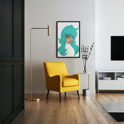 Furry character art with teal hair, framed and displayed in a modern room with a yellow chair.