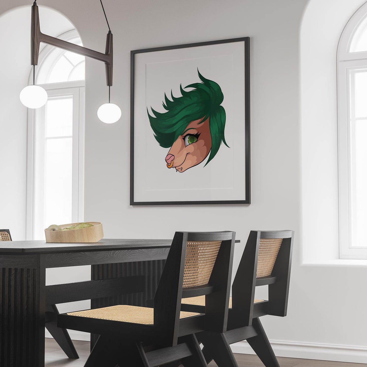 Furries Model 25 digital art with bold green mane displayed in a modern room setting.