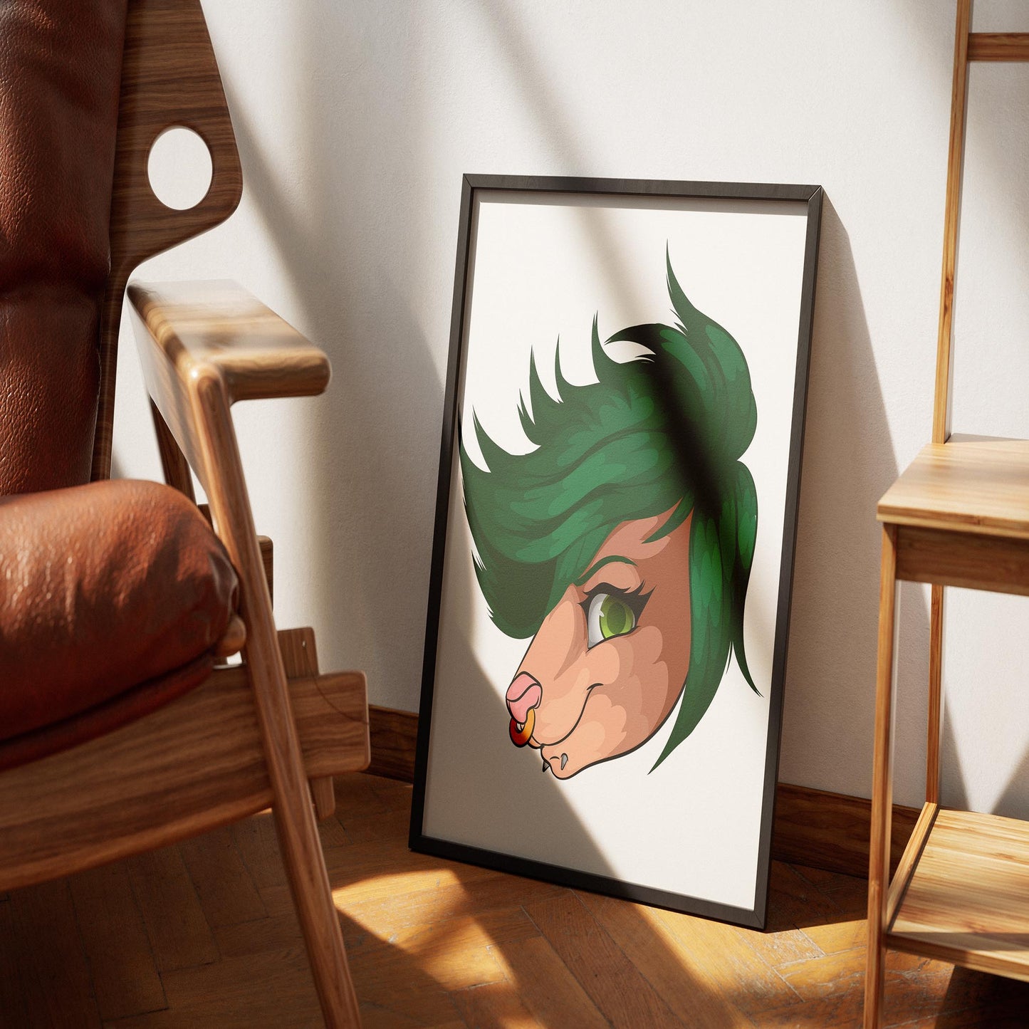 Green fursona portrait in frame, vibrant digital art with expressive details and bold mane, ideal for character collections.