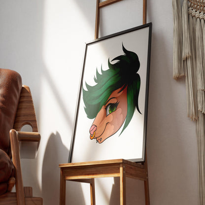 Furries Model 25 digitalized art portrait with bold green mane displayed in a frame.