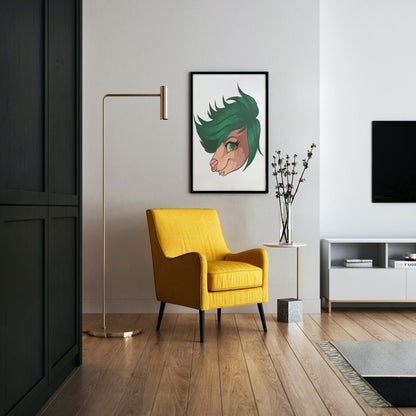 Furries Model 25 art print featuring a vibrant green fursona portrait in a modern living room setting.