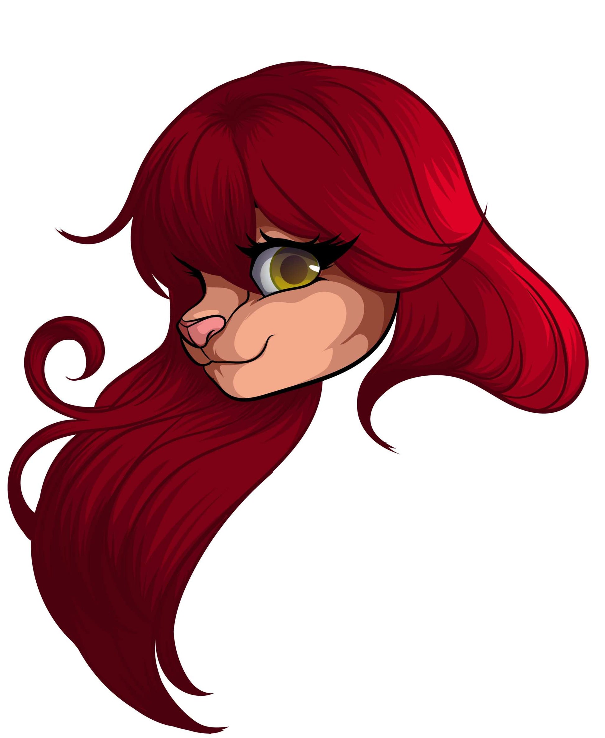 Crimson fursona portrait with flowing hair and golden eyes, digital art.